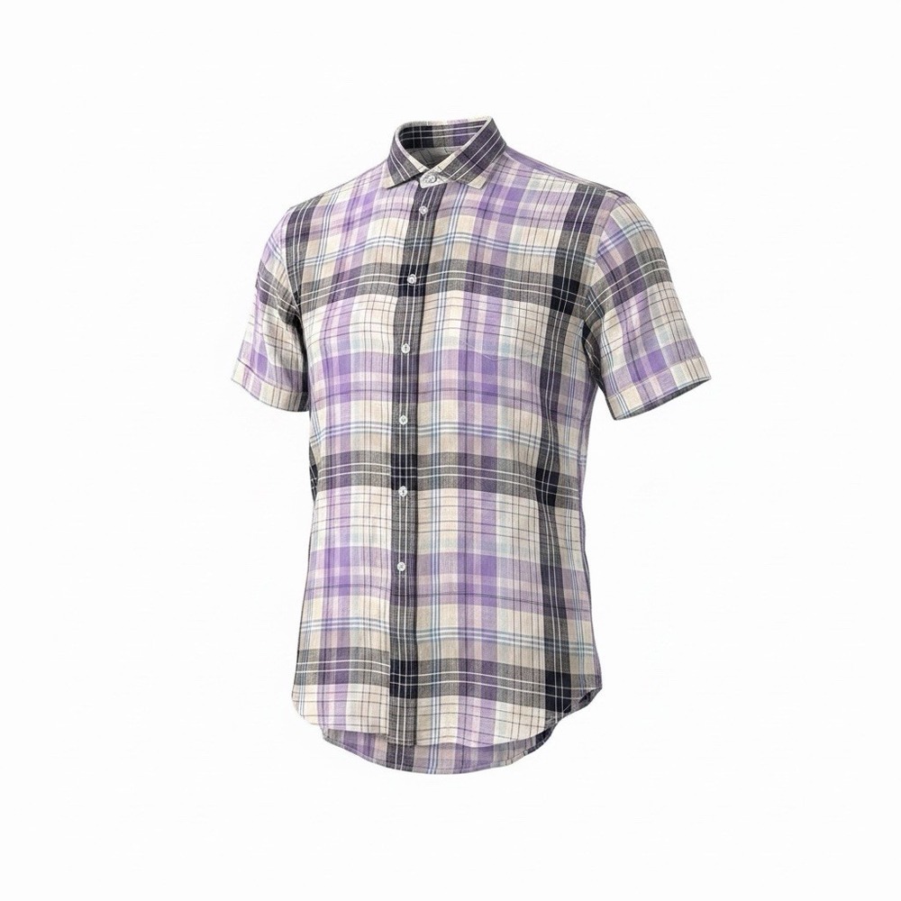 Thomas Dean 100% Linen Plaid Button Up Shirt Purple Mens Size S